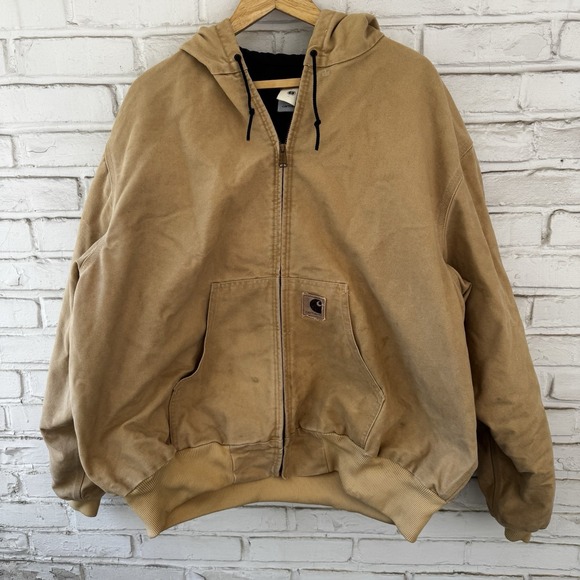 Vintage Carhartt Tan Hooded Jacket J06WET Quilted USA Union Made‎ 2XL Year 1999 - Picture 3 of 13